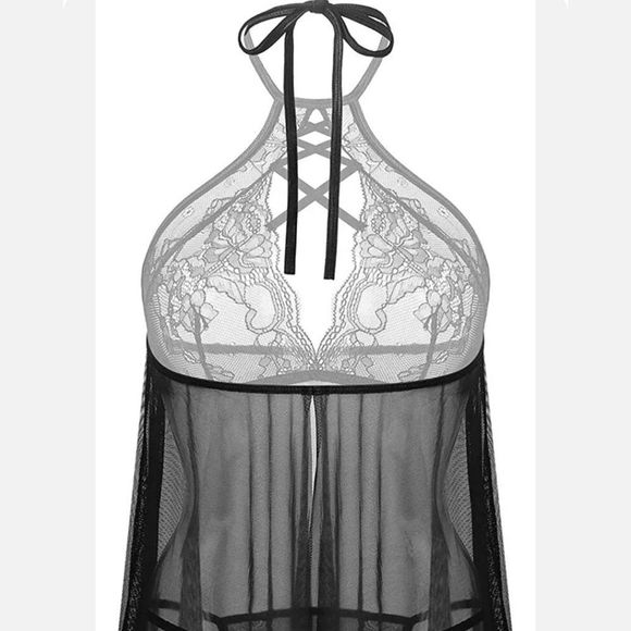 Sexy Lingerie Set Babydoll Lace Floral Halter Sleepwear Set High Neck Chemise US - Picture 4 of 5